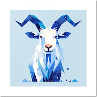 Geometrical Blue Mountain Goat. Adorable Mosaic Cute Kawaii Simple Animal Posters and Art